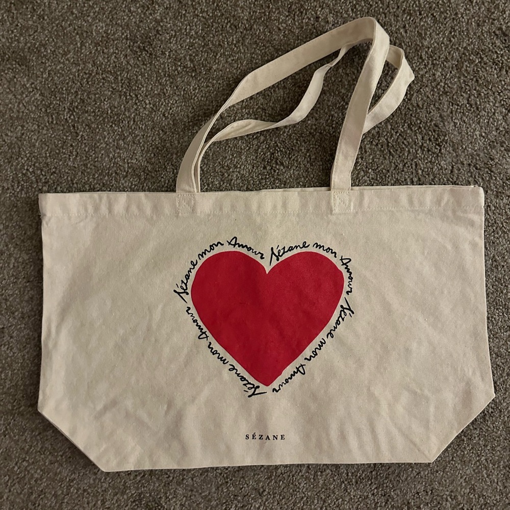 Sezane Red Heart Dream Lover Cream Tote Bag Linen